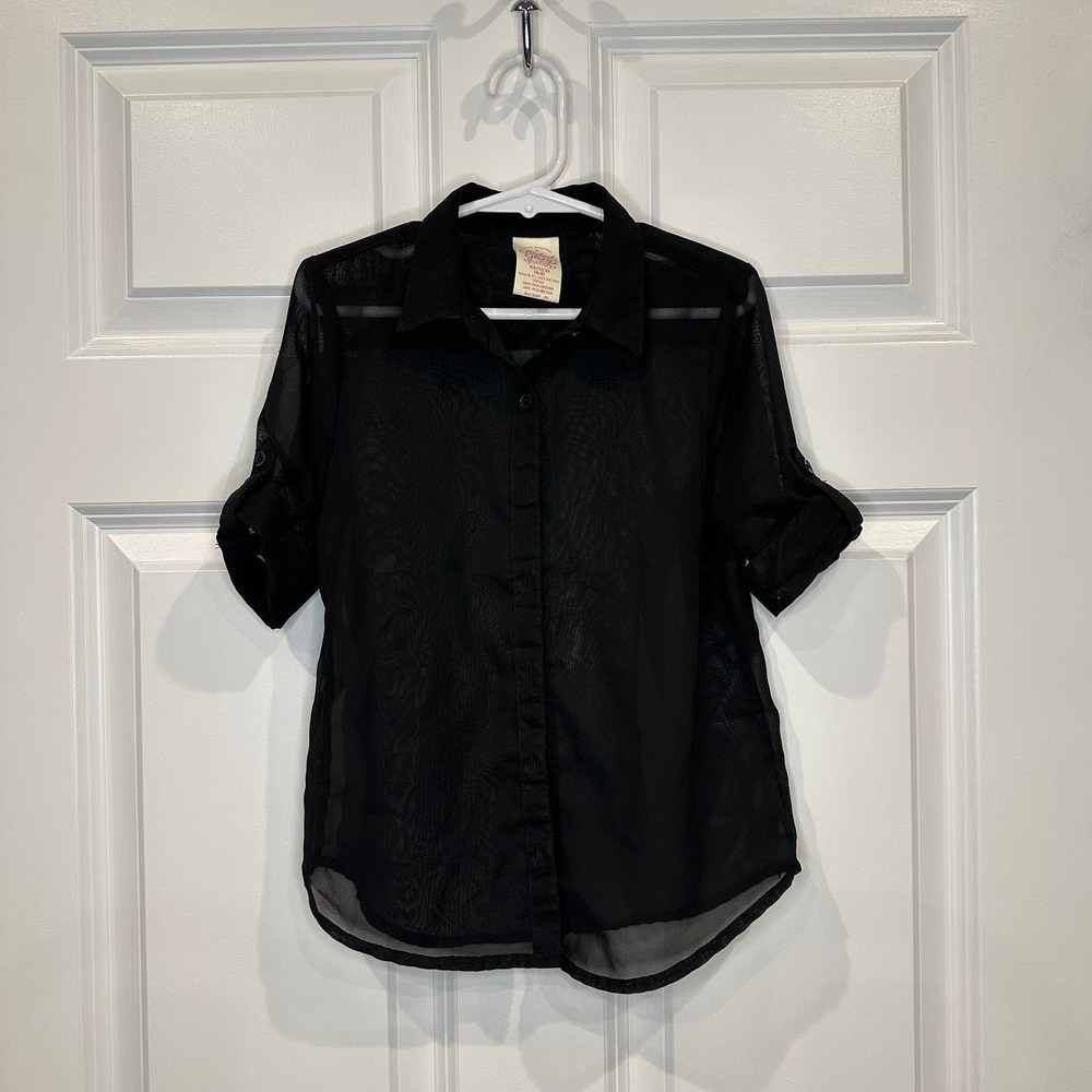 Faded Glory Girls Sheer‎ Black Button Down Shirt Short Roll Sleeve Size XS 4-5